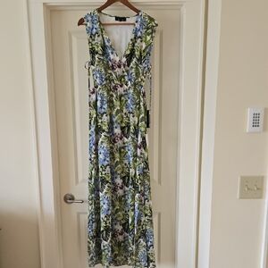 Lulu's Green & Blue Floral Wrap Maxi Dress
